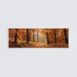 May include: A panoramic landscape painting depicting a dense forest during autumn. The scene features tall trees with vibrant orange and yellow foliage, a dirt path winding through the center, and a soft, hazy light filtering through the canopy.