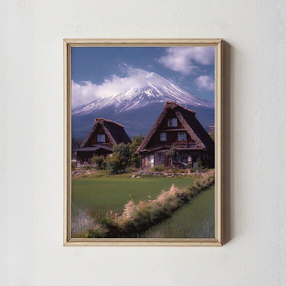 Mount Fuji Art Print, Japanese Village, Rice Field Landscape