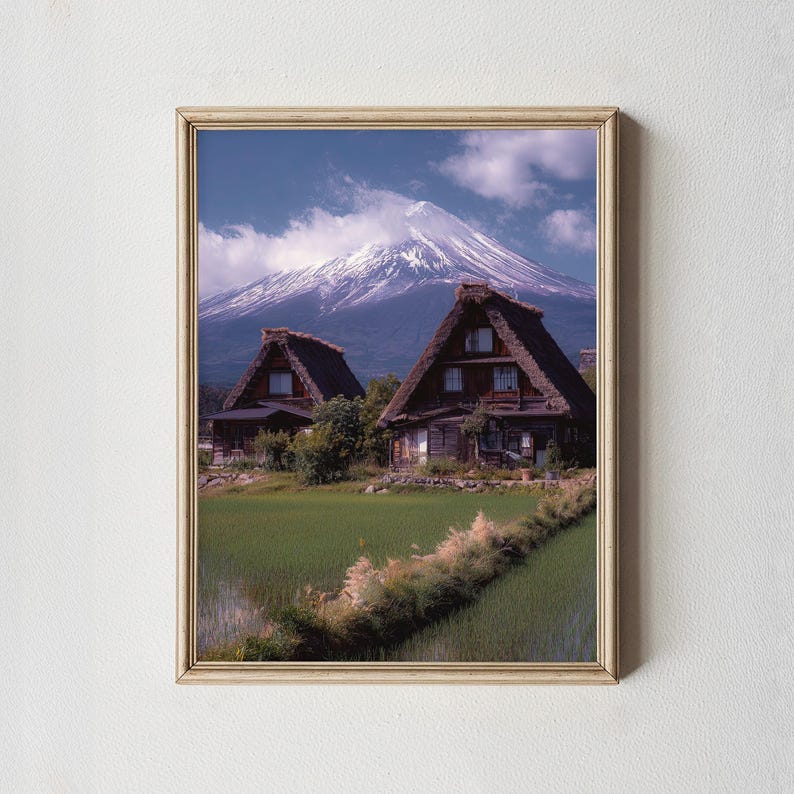 Lámina artística del Monte Fuji, pueblo japonés, paisaje de arrozales imagen 1