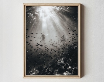 Black and White Underwater Diver Photography Print, Ocean Wall Art