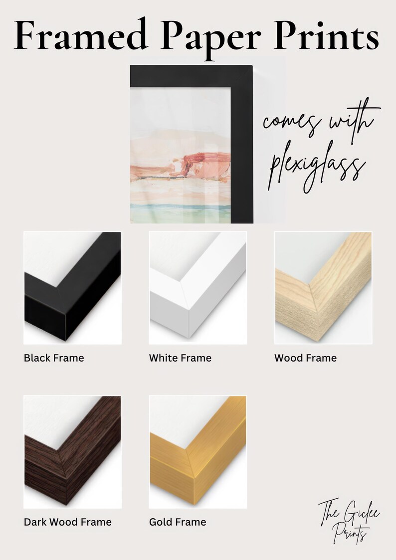 a collection of framed paper prints, each with a different frame color and style, including black, white, wood, dark wood, gold, and wood.