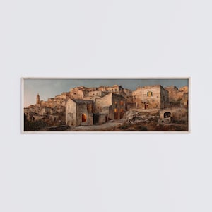 May include: A panoramic landscape painting of a hillside town featuring stone buildings in shades of beige, brown, and gray. The scene is illuminated by warm, golden light emanating from windows and doorways against a soft, muted twilight sky.