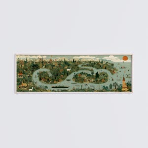 May include: A panoramic landscape illustration featuring a winding blue river flowing through a dense green forest with various animals, small structures, and boats. A tall tower stands on the right bank under a large orange sun in the sky.