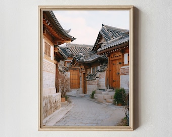 Korean Hanok Village Print | Seoul Alley, Rustic Asian Decor