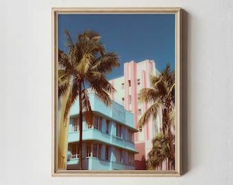 Miami Art Deco Print | Pastel Retro Buildings, Palm Trees