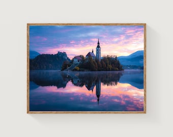 Lake Bled Sunrise Print: Slovenia Church Island Art