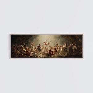 May include: A panoramic wall art print featuring a classical oil painting of a crowded scene with numerous figures in motion, centred around a central figure being lifted upward towards a bright, ethereal light source amidst dark, dramatic shadows.