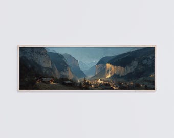 Lauterbrunnen Valley Twilight Panoramic Wall Art, Switzerland Waterfall Village Oil Painting Print Decor