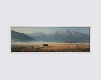 Lone Bison Grand Teton Oil Painting Print, American West Panoramic Wall Art