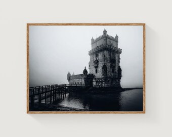 Lisbon Belem Tower Print, Portugal Architecture, Black and White Photography