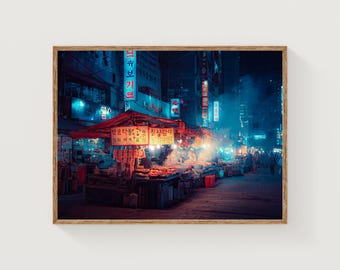 Seoul Night Market Photography Print, Neon City Lights Fine Art
