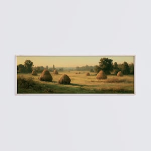 Haystacks Harvest Field Impressionist Oil Painting Print, Golden Farmland Wall Art, Wide Format Print