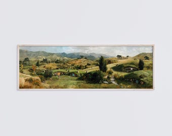 Hobbiton Oil Painting Print, Shire Green Hills Fantasy Wall Art, Panoramic Landscape