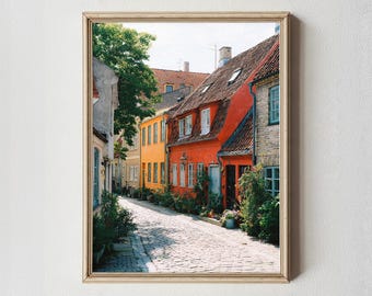 Colorful European Street Wall Art Print, Cozy Old Town Photography