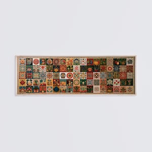 Puede incluir: Una pieza de arte mural rectangular que presenta una cuadrícula de sesenta y seis azulejos cuadrados pequeños. Cada azulejo muestra un patrón botánico o geométrico único y colorido con motivos florales, frutas y diseños simétricos.