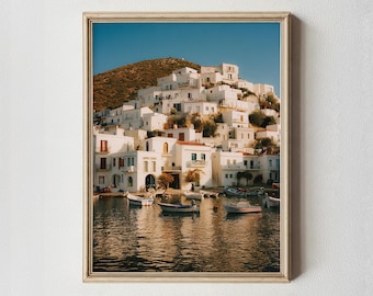 Greek Cliffside Village Art Print, Coastal Home Decor, Mediterranean Poster