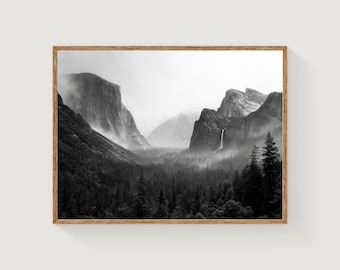 Lámina artística del Valle de Yosemite, Bosque brumoso, estilo Ansel Adams