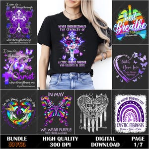 Puede incluir: Una colección de diseños digitales con el tema de la concienciación sobre la fibrosis quística. Los diseños incluyen cruces, mariposas y texto inspirador. La combinación de colores es principalmente púrpura, con acentos de otros colores. El texto incluye frases como "We Wear Purple" y "Just Breathe."