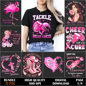 May include: A collection of pink and black graphics with text related to breast cancer awareness. Designs include a flamingo, football, cowboy boots, and hearts. Text includes "Tackle Breast Cancer", "Cheer for the Cure", and "Never Give Up".