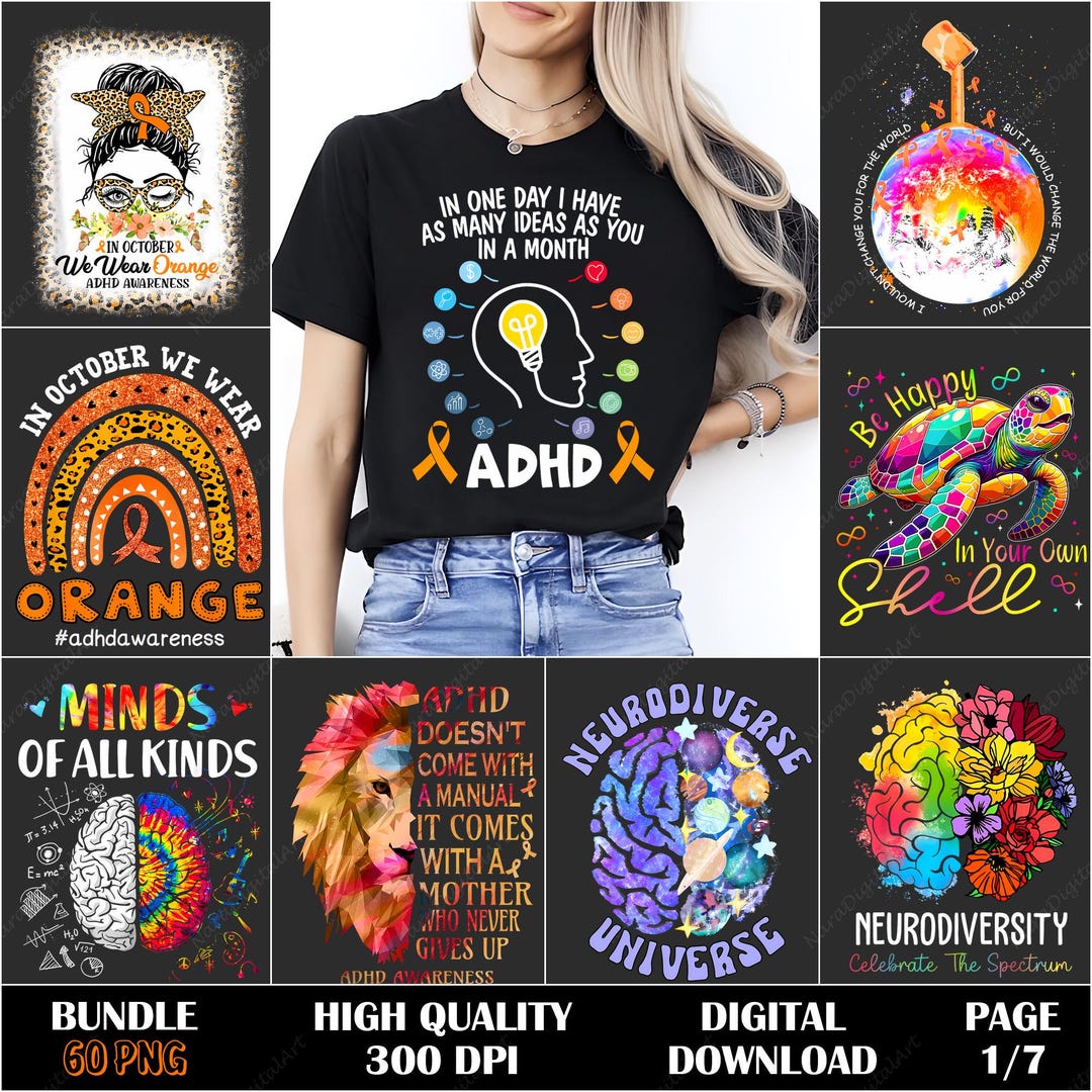 ADHD Awareness PNG, Orange ADHD Bundle, Neurodiversity Art, Messy Bun ...