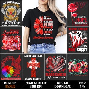 Könnte beinhalten: Eine Sammlung digitaler Grafiken zur Sensibilisierung für Blutkrebs. Die Designs umfassen Text und Illustrationen wie ein rotes Band, Blumen und inspirierende Zitate. Das Bundle enthält 65 PNG-Dateien.