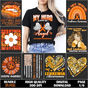 Könnte beinhalten: Eine Sammlung digitaler Designs mit orangefarbenen Bändern und Texten zum Thema Leukämie-Aufklärung. Designs umfassen ein Shirt mit "My Hero is now my Angel", eine Sonnenblume, einen Regenbogen und eine Herzform. Die Designs sind als Bundle von 54 PNG-Dateien erhältlich.