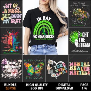Mental Health Awareness PNG Bundle, Green Ribbon Sublimation Designs, Digital Download, Mental Health Quotes, Fight the Stigma PNG