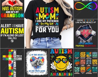 Pacote PNG de Conscientização sobre Autismo, Designs de Sublimação para Mães Autistas, Gráficos Digitais sobre Autismo, Citações sobre Autismo, Designs PNG de Quebra-cabeças para Autismo
