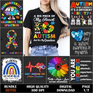 Autism Awareness PNG Bundle, Autism Puzzle Piece Designs, Neurodiversity Clipart, Autism Support PNG, Sublimation Prints, Digital Download
