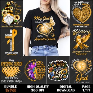 May include: A collection of digital designs with themes related to Appendix Cancer Awareness. The designs include text and graphics such as ribbons, butterflies, and inspirational quotes. The designs are in various formats, including PNG files.