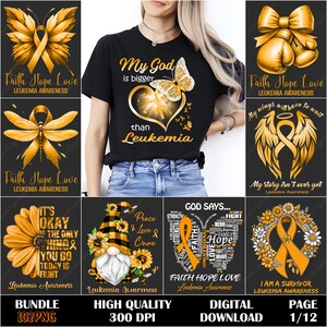 May include: A selection of digital designs themed around Leukemia Awareness. The designs feature a black t-shirt with text and a butterfly graphic, alongside graphics with ribbons, flowers, and motivational quotes. The color palette is mainly gold and black.