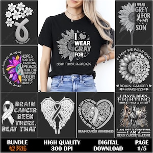 Puede incluir: Un paquete de descarga digital de 42 imágenes PNG relacionadas con la concienciación sobre el cáncer cerebral. Las imágenes presentan cintas grises, girasoles y texto como "Uso gris para", "Concienciación sobre el cáncer cerebral" y "He estado luchando desde que era niño".