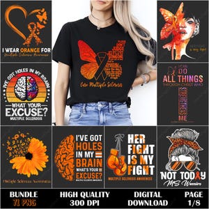 Op de afbeelding: Een verzameling digitale ontwerpen met oranje en zwarte afbeeldingen, waaronder vlinders, linten en tekst gerelateerd aan bewustwording van Multiple Sclerose. De ontwerpen hebben een zwarte achtergrond en bevatten zinnen als "Ik draag oranje".