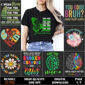 May include: A collection of digital designs with mental health themes. Designs include text like "You are worthy," a green butterfly, a brain with flowers, and a daisy with a smiling face. The designs are in various colors.