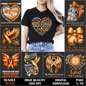 May include: A selection of digital designs featuring orange ribbons and text promoting Multiple Sclerosis Awareness. Designs include a heart, a cat, boxing gloves, a bird, a butterfly, a hummingbird, and angel wings. Text includes phrases like "Faith, Hope, Love" and "I wear orange for".