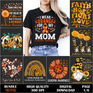 Può includere: Una collezione di design digitali per la consapevolezza della leucemia. I design includono testo come "Indosso l'arancione per mia mamma", "Fede Speranza Lotta Amore" e "Sono un sopravvissuto". I design presentano nastri arancioni, fiori e gnomi.