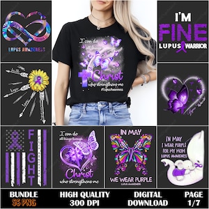 May include: A digital download bundle of 56 PNG images featuring a variety of designs related to Lupus Awareness. The designs include butterflies, hearts, ribbons, and the phrase "I'm Fine Lupus Warrior".