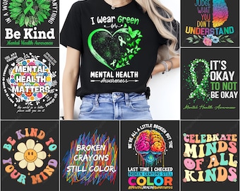Mental Health PNG, Sublimation Bundle, Green Ribbon Clipart, Awareness Shirt Design, Self Care Printable, Be Kind Graphics