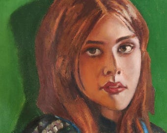 May include: Oil painting portrait of a person with auburn hair and fair skin, set against a green backdrop. The subject wears a patterned top with blue overalls. The artwork features a shadow on the green background.
