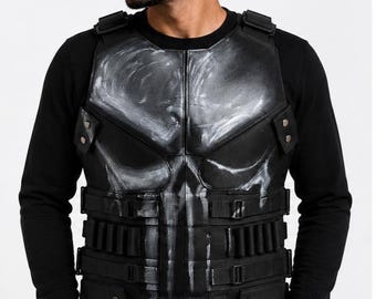 Handmade Punisher Style Leather Tactical Vest | Jon Bernthal Skull Design Combat Leather Armor Cosplay