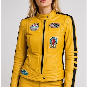Handgjord Kill Bill The Bride gul läderjacka | Uma Thurman Beatrix Kiddo Cosplay-jacka | Motorcykel-bikerkostym | Halloween-outfit
