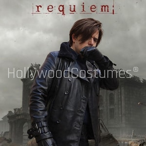 May include: A black leather coat and gloves are worn by a person, with the red text "RESIDENT EVIL requiem". The coat features a double-breasted style and a fur collar. A ruined city forms the backdrop.