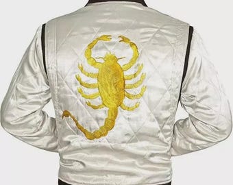 Fait main Ryan Gosling Drive Scorpion Blanc Satin Léger Casual Bomber Veste Varsity Sports Biker Drive | Cadeau de Noël | Veste pour homme