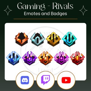 Emotes de Twitch de Rivals / Insignias de suscriptor de Rivals / Puntos de canal / Insignias de bits / Roles de Discord / Emotes de YouTube / Insignias e íconos de rango de Rivals