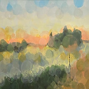 May include: An abstract landscape painting with a blurred effect. The artwork features a sunset with orange and yellow hues, green trees, and a light blue sky. The painting is done with a dot-like technique.