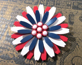 VINTAGE Jewelry Red White & Blue Enamel Pin Brooch Large Patriotic FLOWER 4th of JULY White Enamel Flower Pin Brooch Vintage Jewelry (L212)