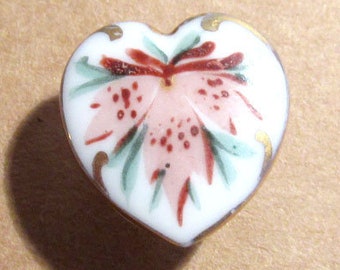 Antique Hand Painted Porcelain STUD Vintage Shirtwaist Button Hand Painted Heart Shaped Floral Gold Edge Sewing Wedding Supplies (N358)