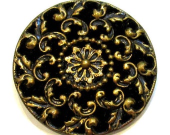 Victorian Perfume Button Openwork Brass with Black Velvet 1 1/2" 38mm Pad Shank Antique Perfume Button Jewelry Sewing Supplies (J429)