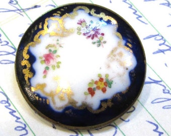 Antique Porcelain Button WEDGWOOD Signed Cobalt Blue Hand Painted Flowers Gold Luster Antique NBS Medium Jewelry Wedding Supplies (G511)