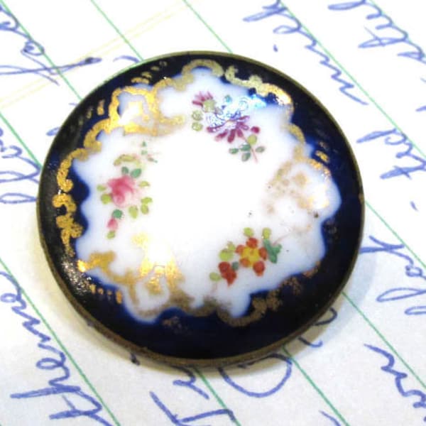 Antique Porcelain Button WEDGWOOD Signed Cobalt Blue Hand Painted Flowers Gold Luster Antique NBS Medium Jewelry Wedding Supplies (G511)